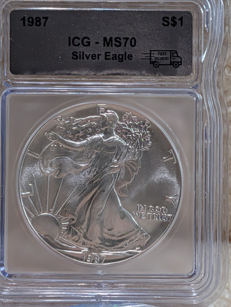 1987 * First Delivery $1 America Silver Eagle * Walking Liberty * ICG MS70