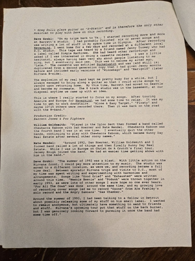 RARE Foo Fighters 1995 Original first Press Kit Biography Dave Grohl Nirvana oop