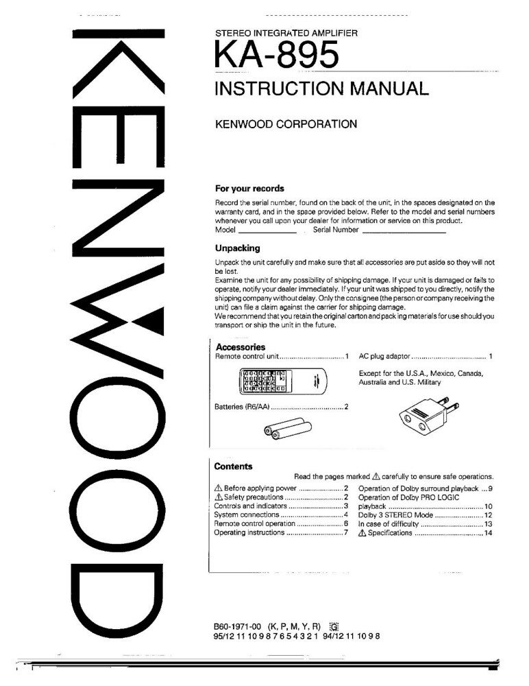 Kenwood KA-895 Amplifier Owners Instruction Manual
