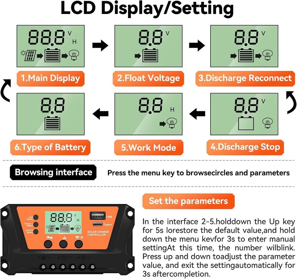 30-100A Solar Panel Regulator Charge Controller 12V/24V Auto Focus Tracking