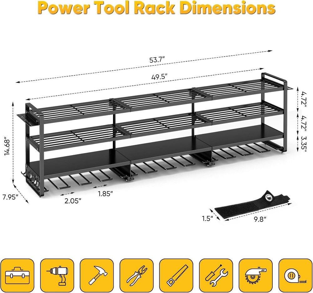 Power Tool Organizer Wall Mount - 600Lbs Load 4 Layer Storage Rack with 12 Drill