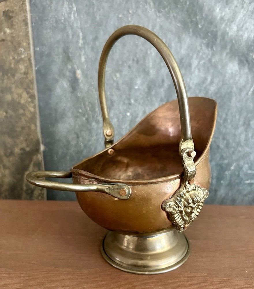 Copper & Brass Mini Coal Ash Scuttle 5" Match Holder Swing Handle Vintage