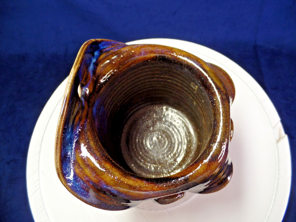 Wall Pocket/Planter Studio Pottery Glazed Handmade Blue Browns Signed