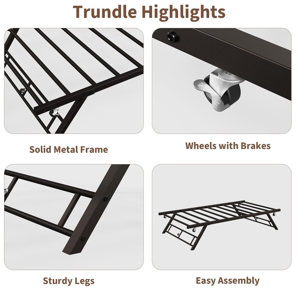 Trundle Day Bed Frame with Lockable Casters Foldable Metal Platform Twin Size