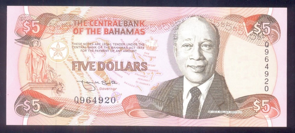 BAHAMAS 5 DOLLARS L 1974 (1995) P52  UNC