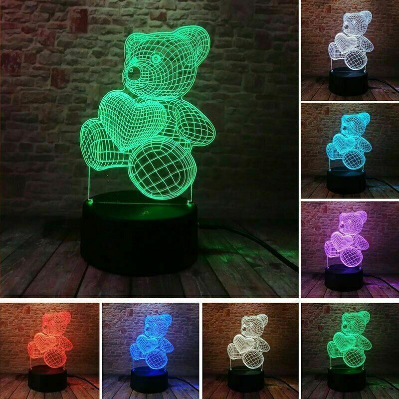 LOVE Teddy Bear Figure 3D Nightlight Visual Illusion LED Colourful Change Flash