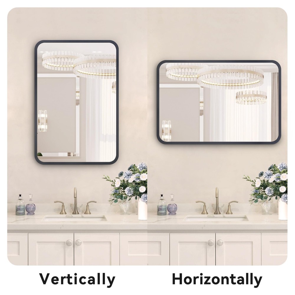 Bathroom Mirror for Wall 20x30 Inch Black Metal Framed Rounded Rectangle Mirr...