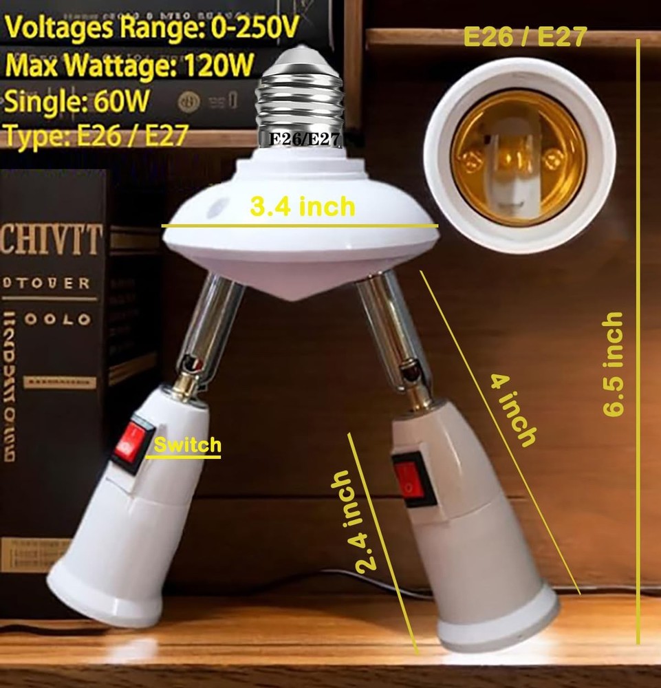CLWHJ 360 Degrees Adjustable 2 in 1 E26/E27 Splitter Socket Adapter. White