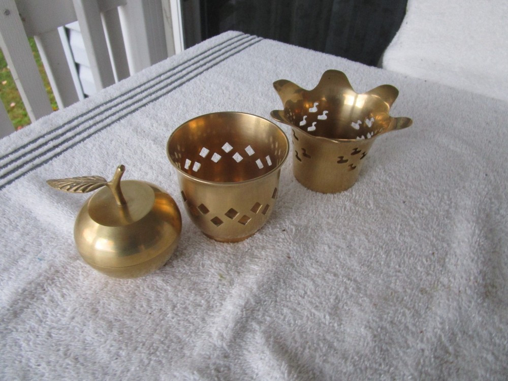 SET OF 3 ~SOLID BRASS ~ [ APPLE DESIGN STASH BOX ]~+PIERCED CANDLE HOLDERS!!!