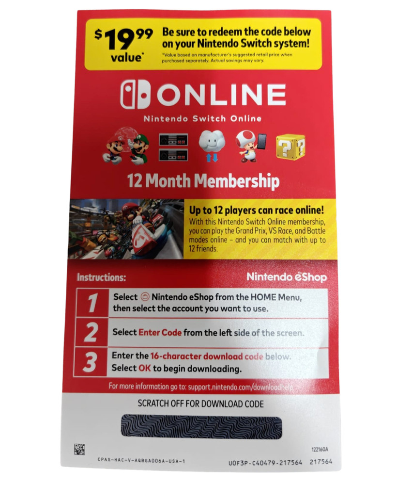 Nintendo Switch Online 12 Month Membership Subscription Pre-Paid Card