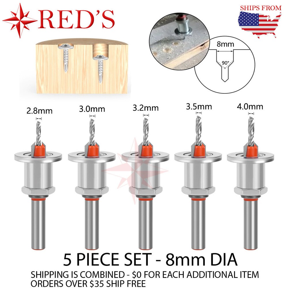 5 PIECE 8mm Adjustable Counterbore Countersink Drills Bits- DEPTH STOP Drill Bit
