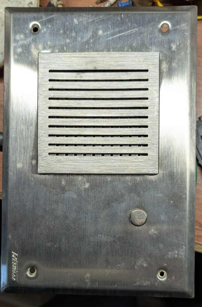 Executone intercom wall mount speaker system on brushed stainless steel plate