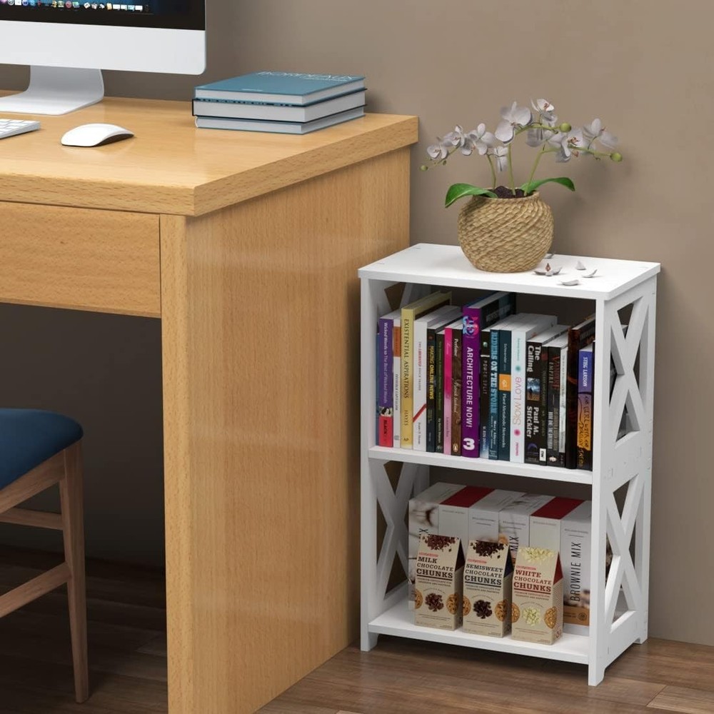 End Table 3 Tier 2 Shelf Small Bookshelf Bookcase Display Rack for Home White