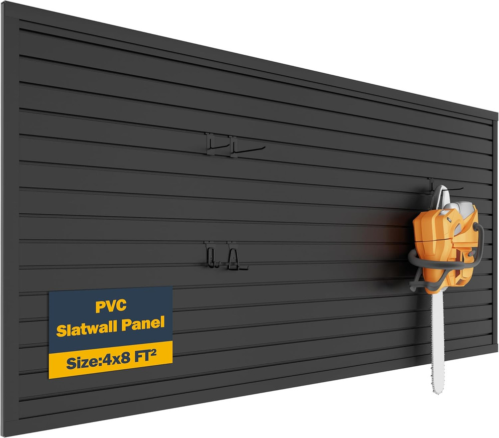 Black PVC Slat Wall Panel 4x8ft - Garage Tool Organizer & Storage System