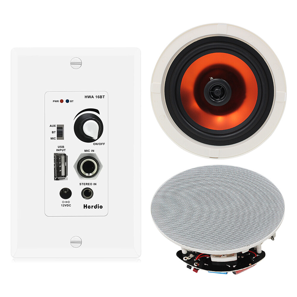 Herdio 6.5" Ceiling Speakers Bluetooth Wall Amplifier Flush Mount Stereo 2Pcs*