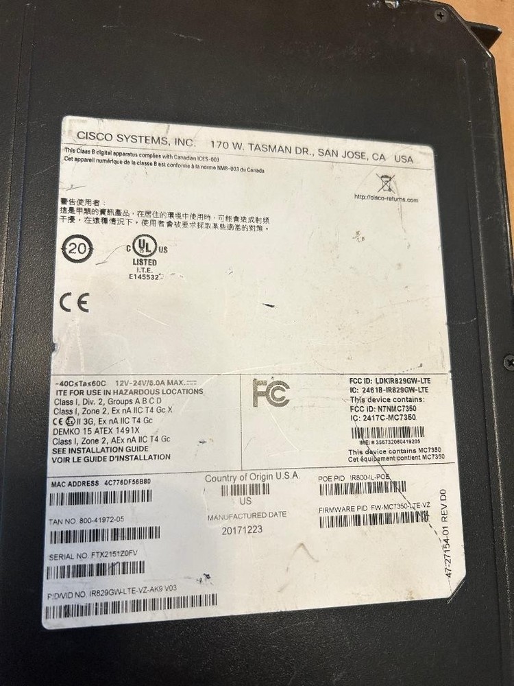 Cisco IR829GW-LTE Ruggedized Secure Multimode 4G LTE Router