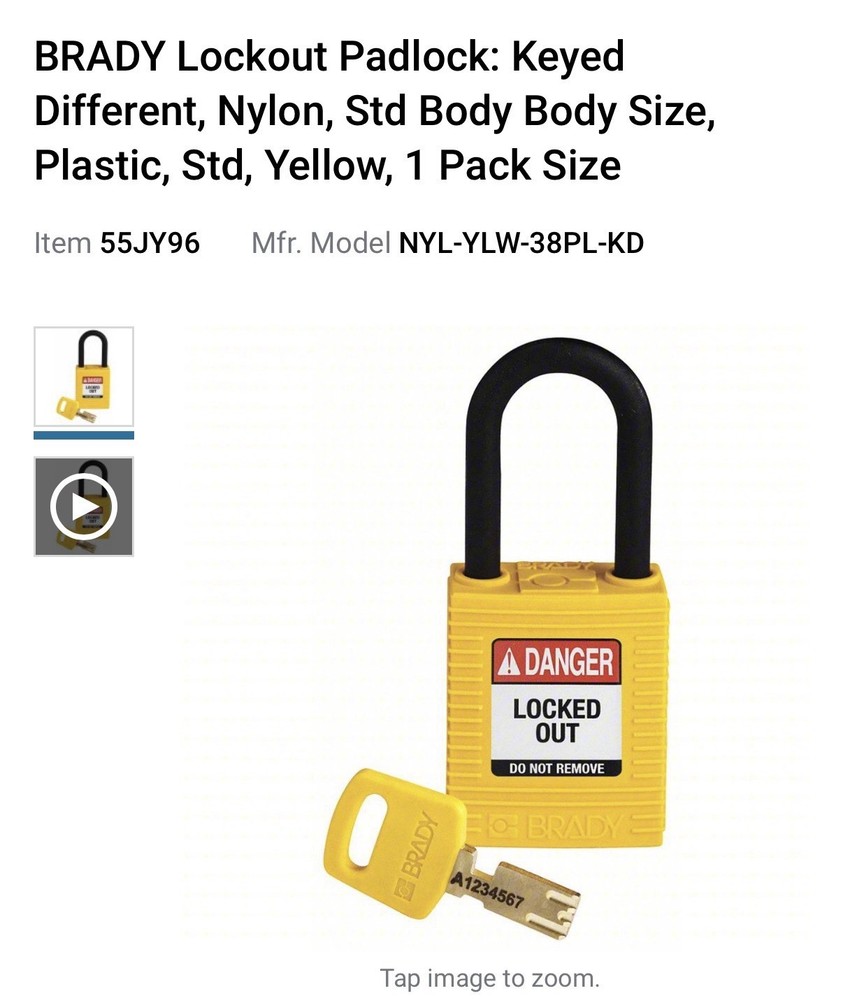 BRADY Lockout Padlock: Keyed Different, Nylon, Std Body Size, Plastic, Yellow,