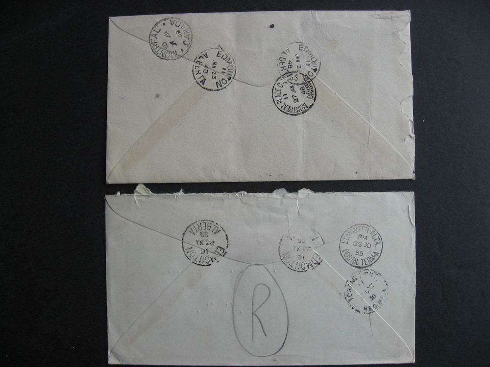 Canada registered covers AB Alberta 1948 and 1955 Both opened on 3 sides