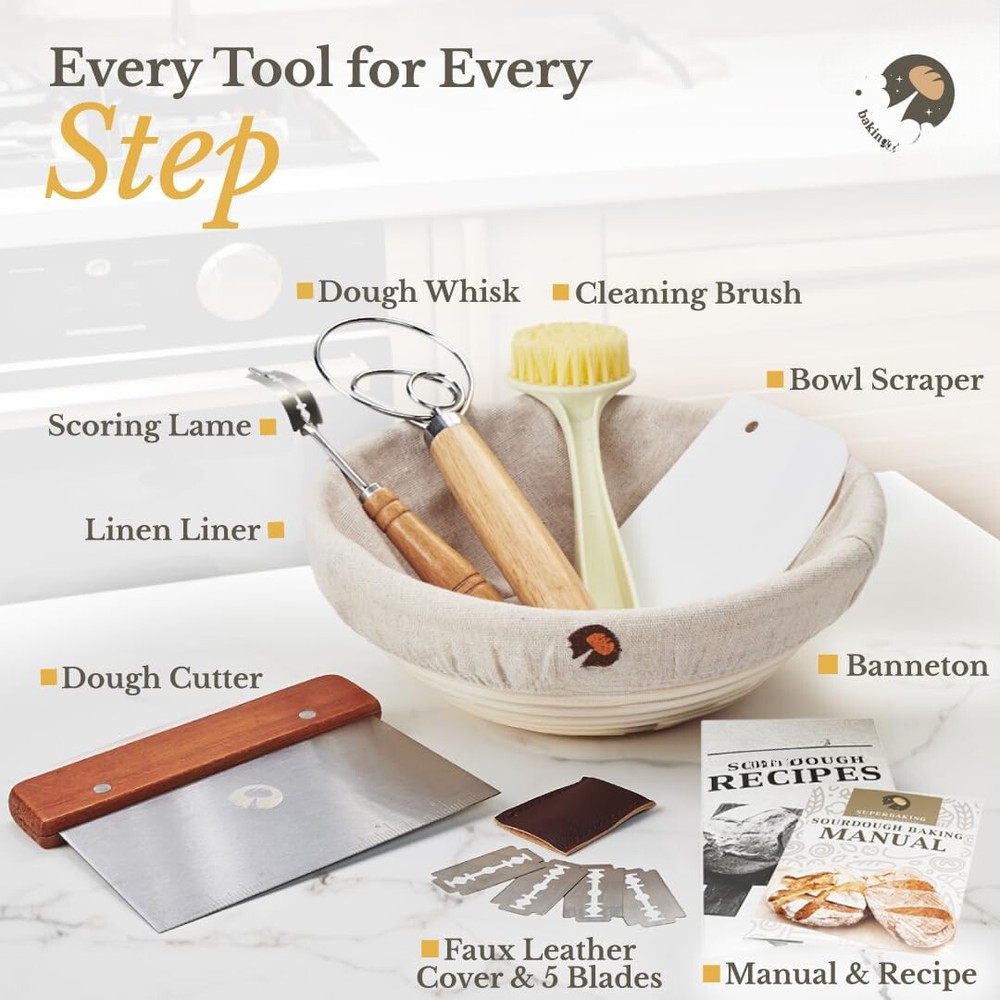 Bread Proofing Basket, Yeast Bread Baking Supplies, 9-Inch Round Beginner Set
