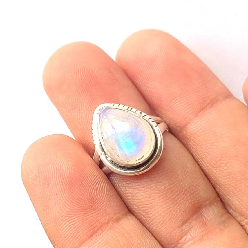 Natural Rainbow Moonstone 925 Sterling Silver Handmade Ring All Size Available