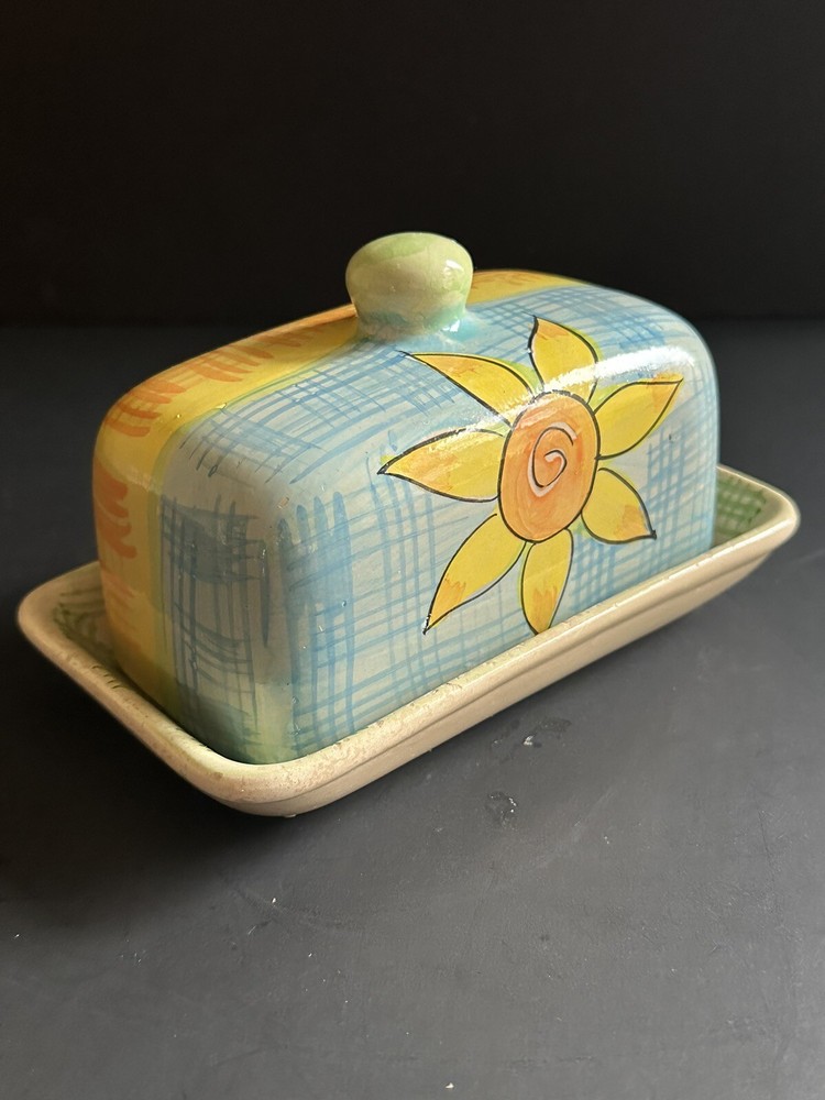 Hand Painted Pottery Covered Butter Dish Multicolor Flower Ceramic Spring Decor