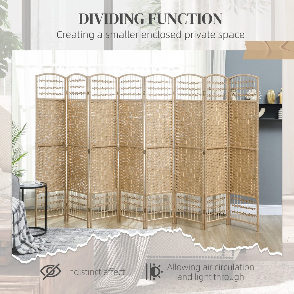 8 Panel Folding Room Divider Privacy Screen Wave Fiber Room Separator Natural
