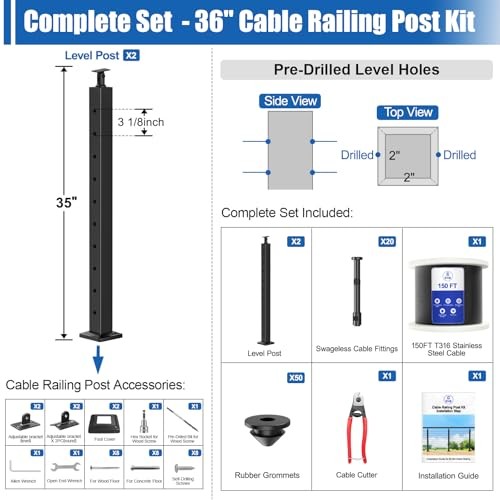 5-10ft Complete Set Cable Railing Post Kit, 2Pack 36" 5-10FT Level Post Kit