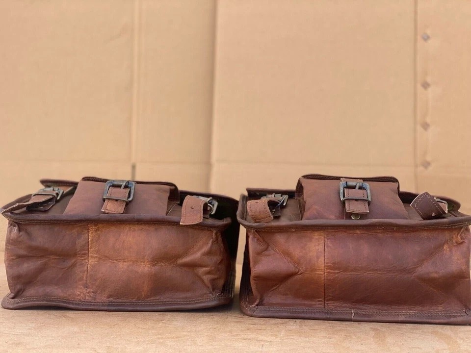 Volume Leather Motorcycle Goat Bag two Brown Retro Saddlebag