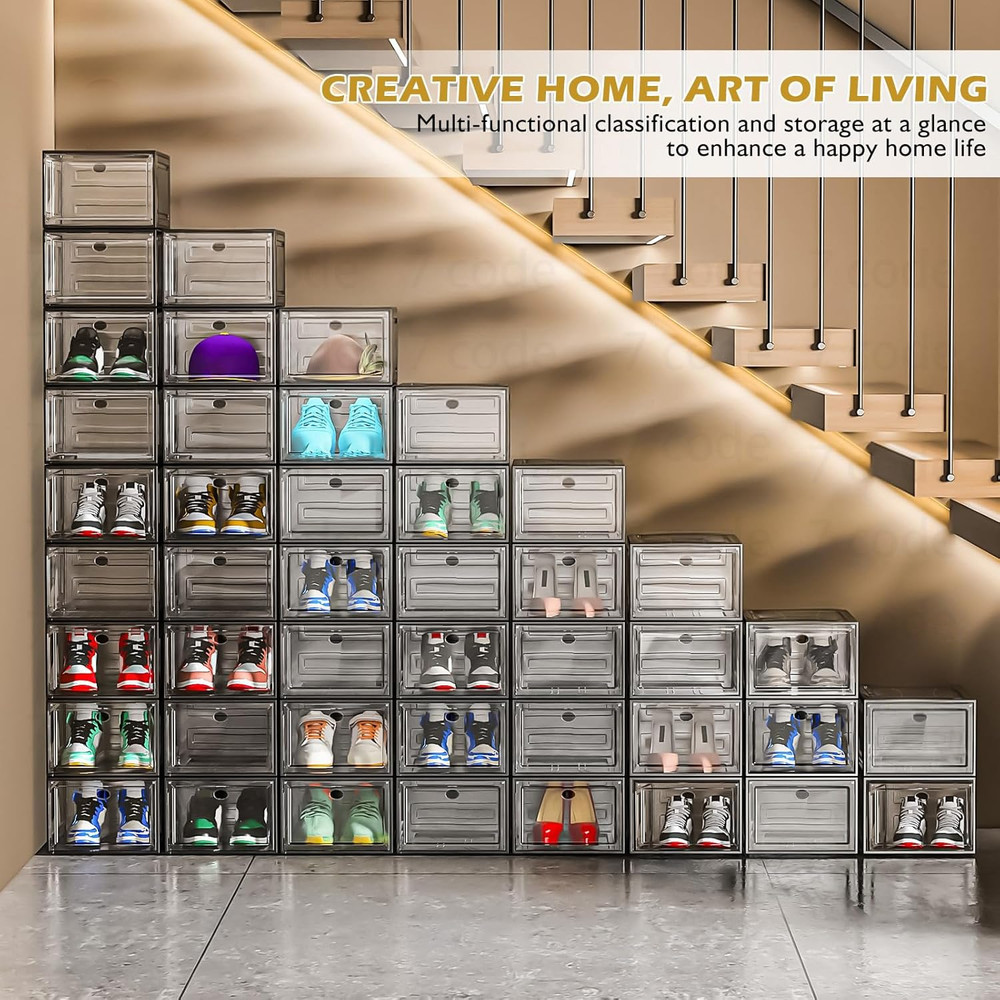 Stackable Clear Shoe Storage Organizer with Magnetic Door, 6 Pack, Black