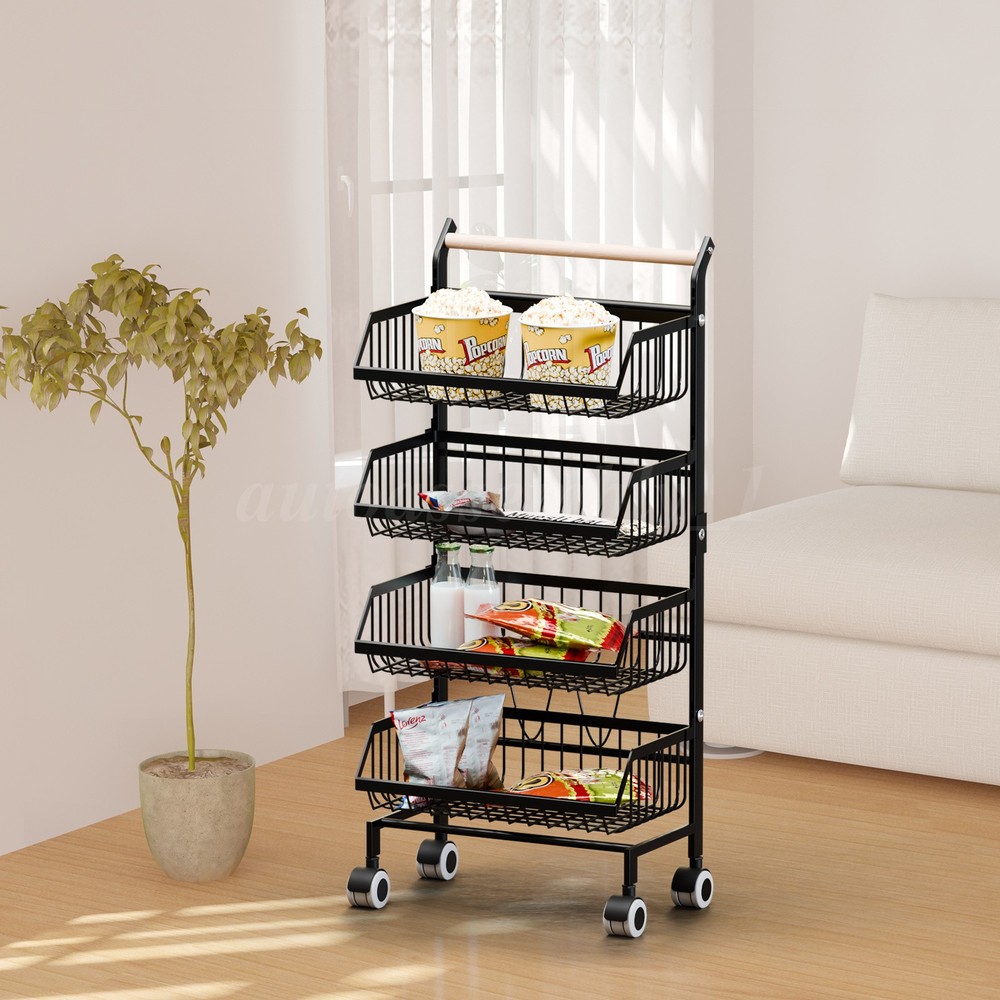 4 Tiers Kitchen Trolley Rack Utility Rolling Storage Cart Fruit Vegetable Shelf