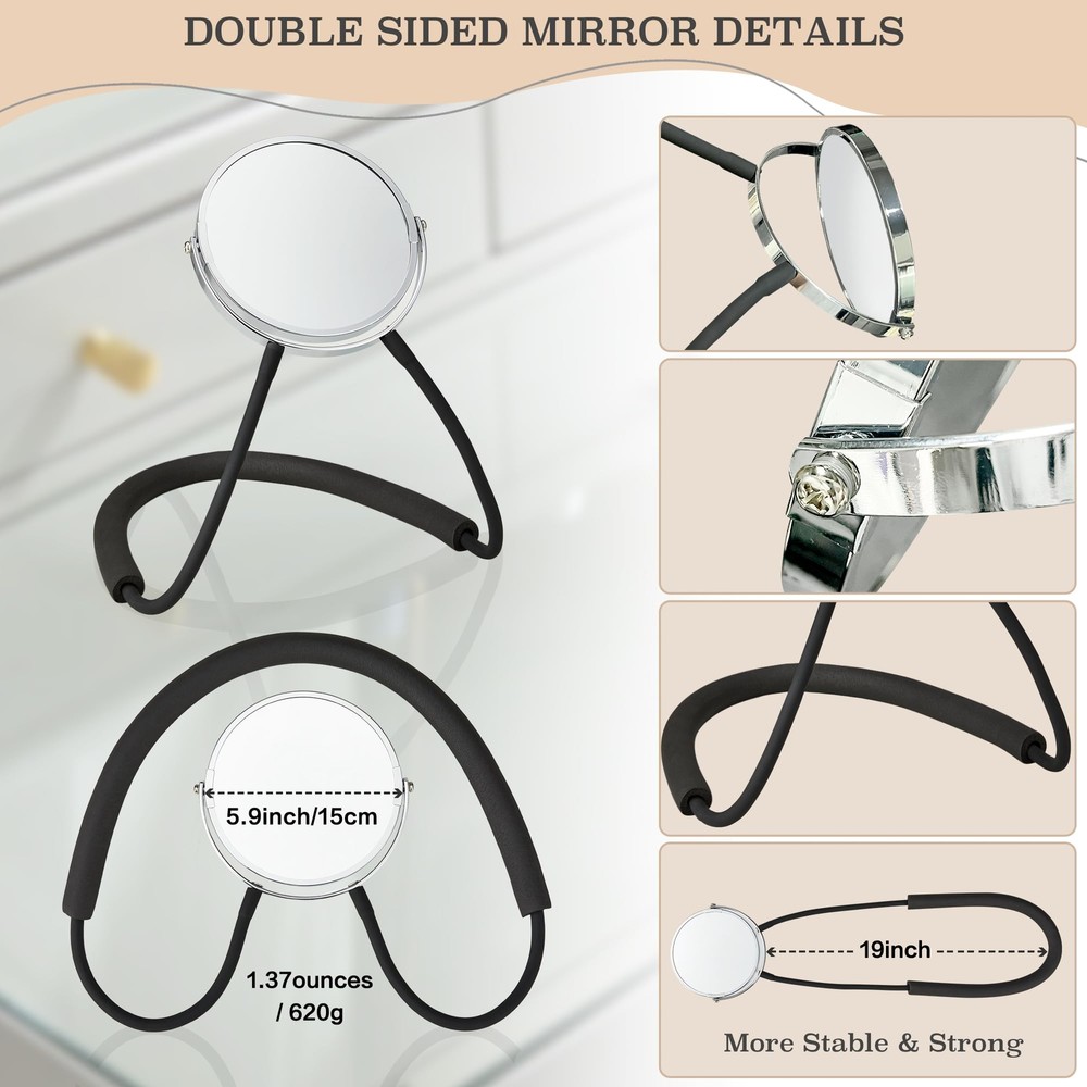 Double Sided Mirror 360 Rotating Hands Free Adjustable Neck Strap Standard & ...