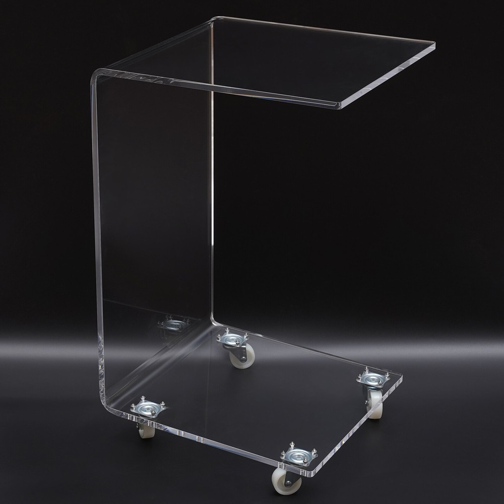 Clear Acrylic Sofa Side Table Transparent C Shaped End Table with Rollers