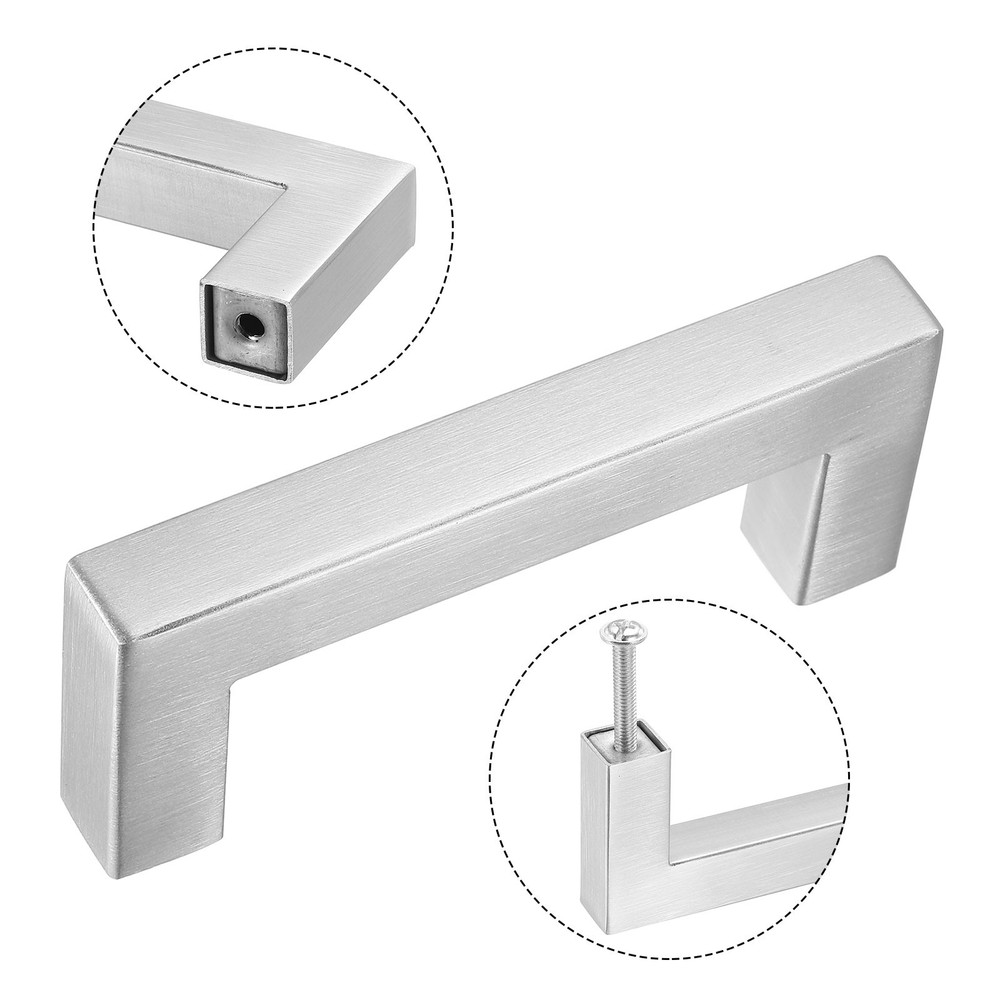 5 Pack Square Bar Drawer Handles, 3" Hole Center Kitchen Cabinets Pull, Silver