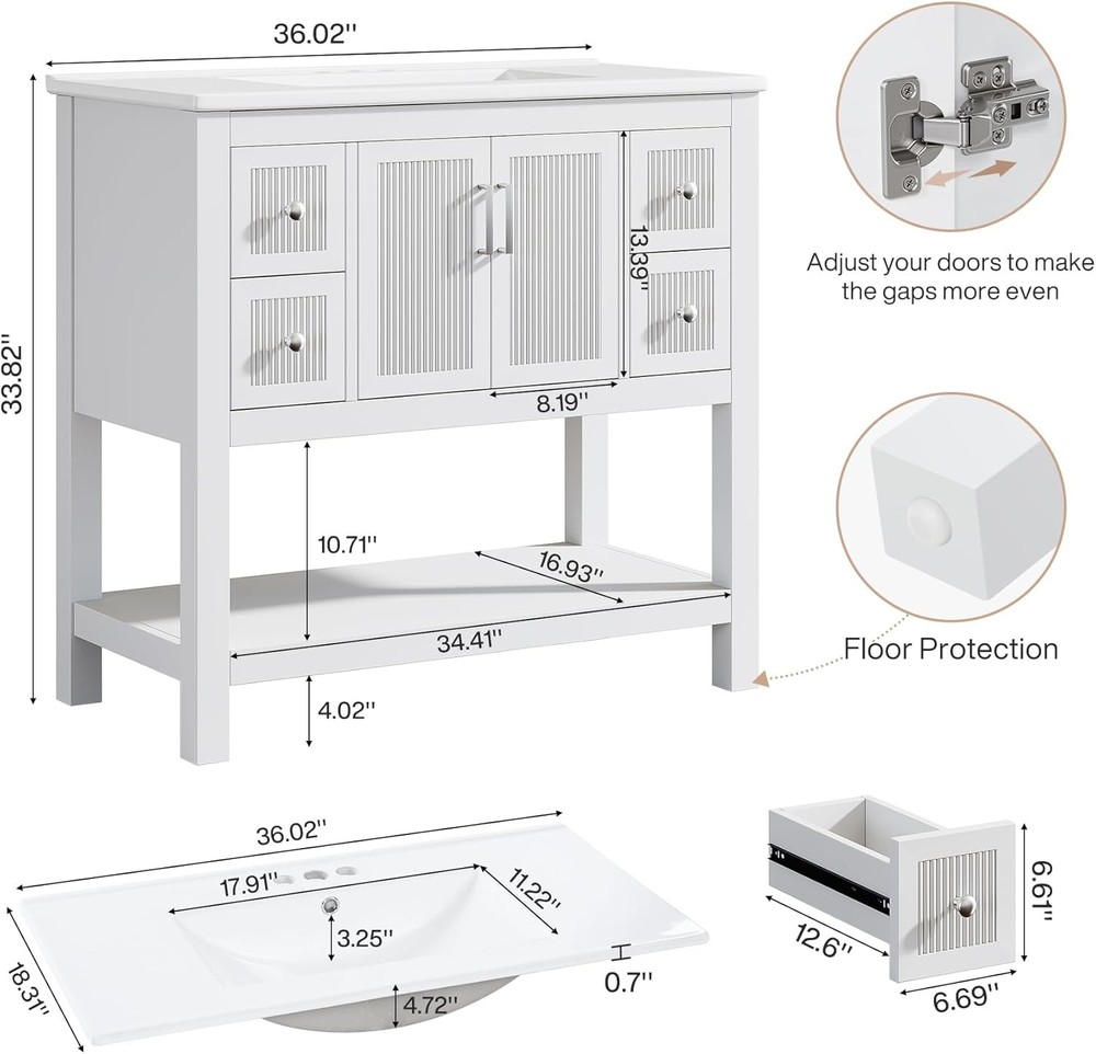 36" Modern Bathroom Vanity with Sink, Solid Wooden Freestanding Vanity Cabinet