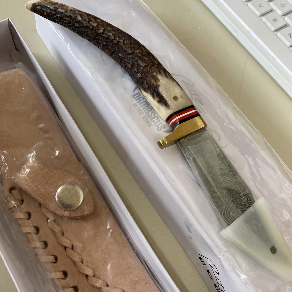 Rite Edge Stag Spike Tan Fixed Blade Knife - Damascus Plain