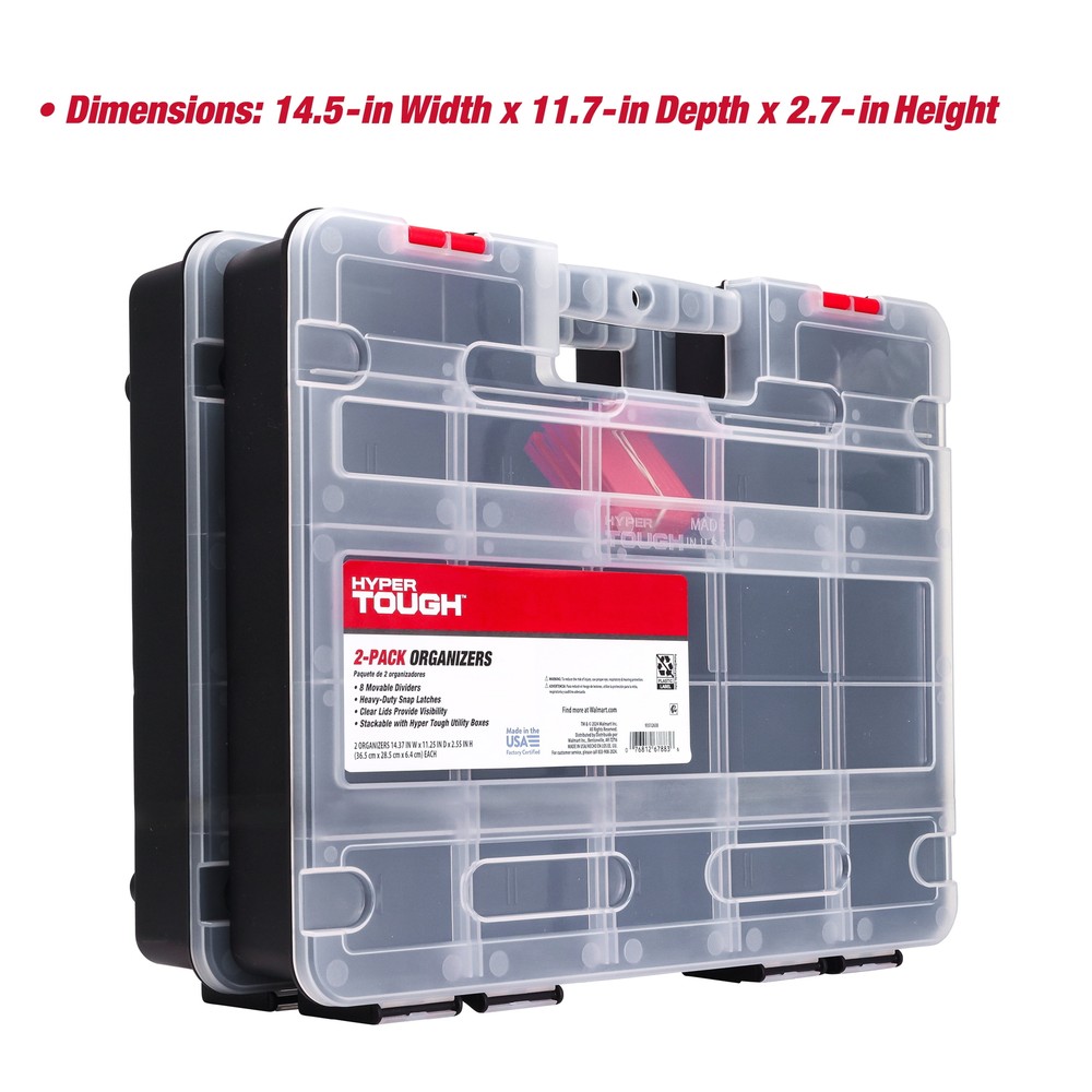 Hyper Tough 2-Pack Organizer, Stackable Plastic With 8 Movable Dividers,New