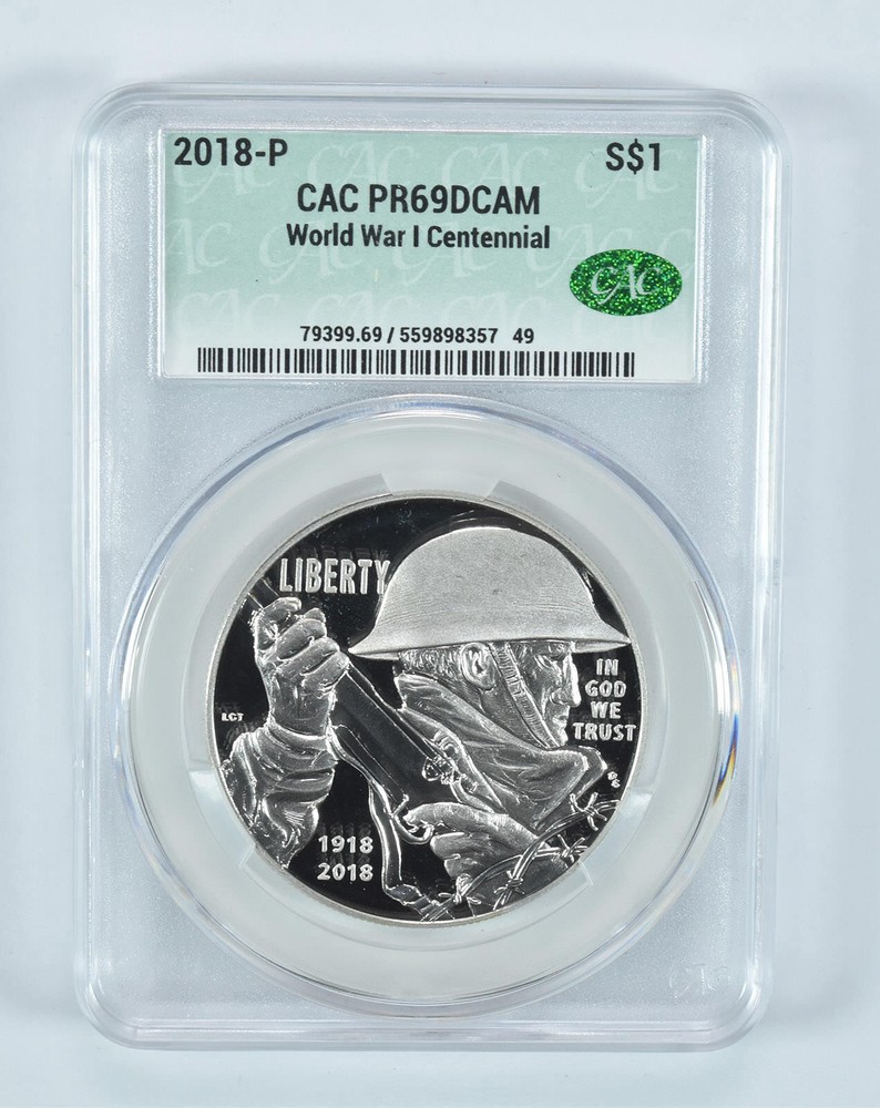 2018-P World War I Commemorative Silver Dollar PR69 DCAM CAC CACg