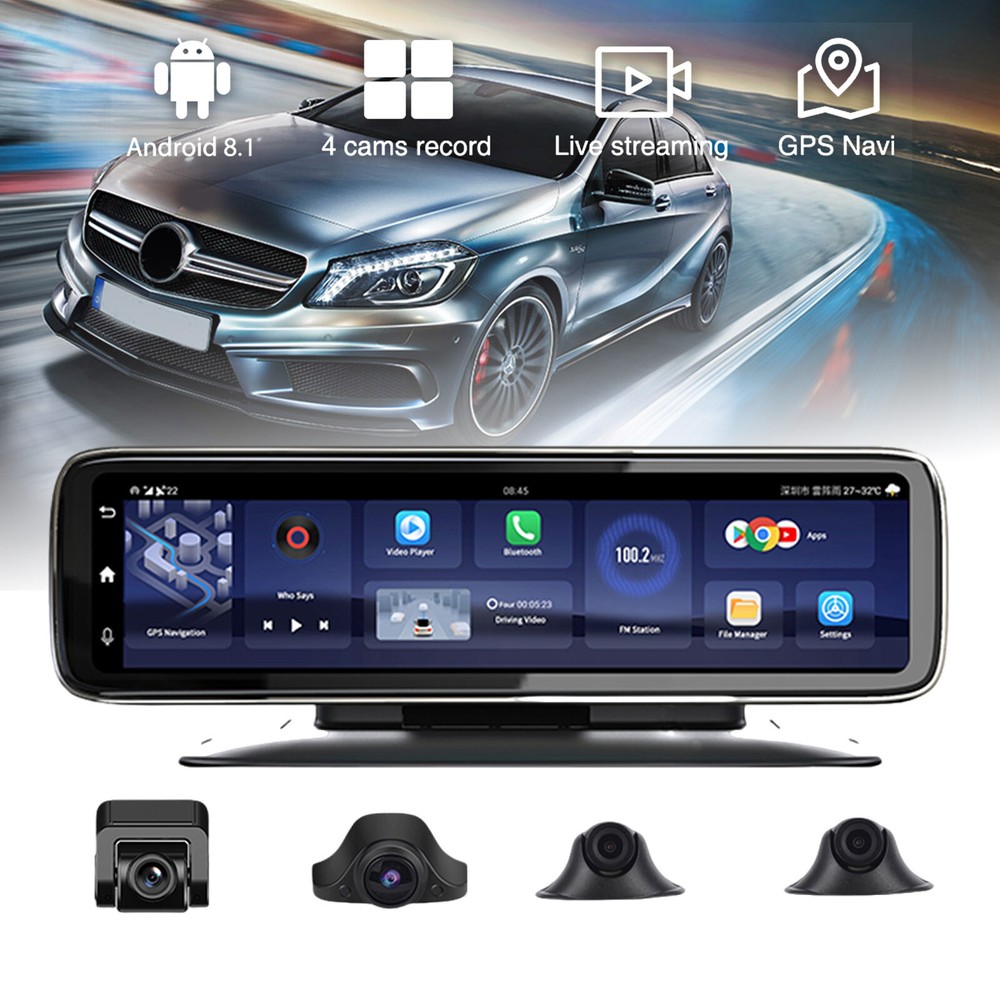 12" 360° panoramic 4CH Cameras lens car dvr backup mirror dash camera with gps