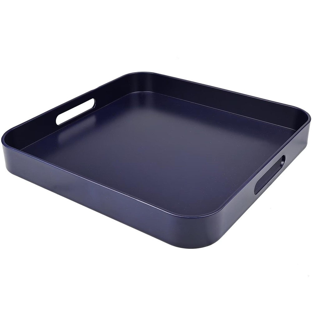 Square Navy Blue Decorative Serving Tray with Handles Versatile Ottoman Tray ...