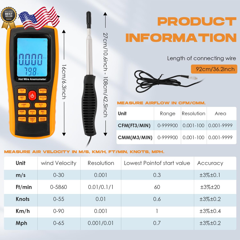 Hotwire Anemometer Handheld CFM/CMM Air Flow Velocity Meter Wind Speed Gauges