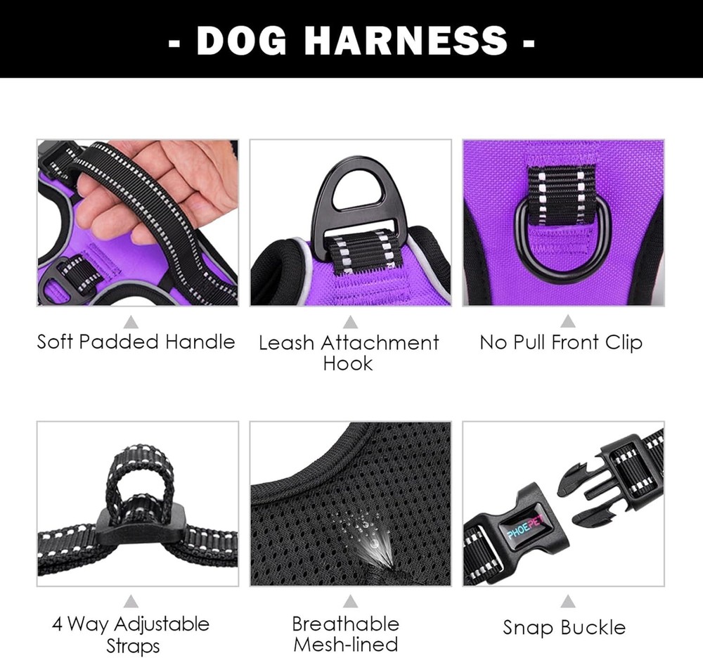 No Pull Dog Harness Medium Reflective Adjustable Vest with Handle Purple