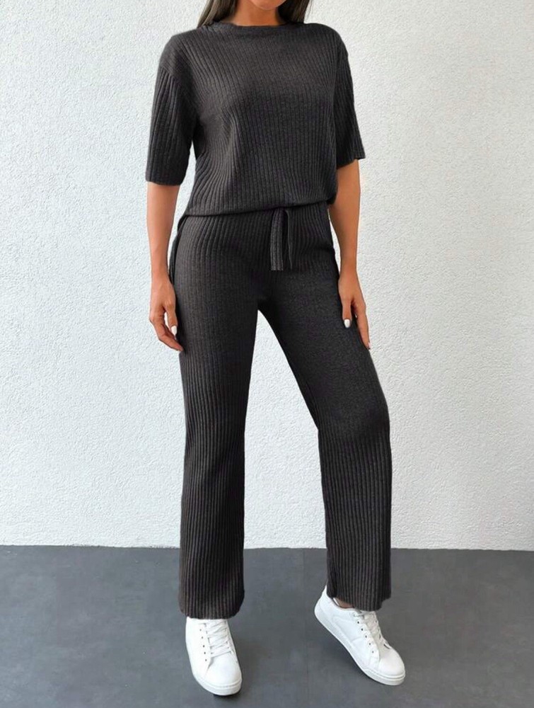 Drop Shoulder Rib-Knit Tee and Trousers Set