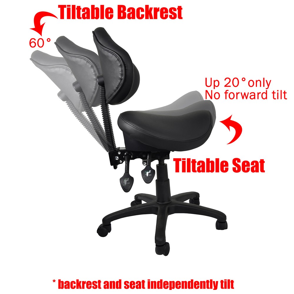 Adjustable Rolling Saddle Stool Chair Tiltable Backrest & Seat For Office