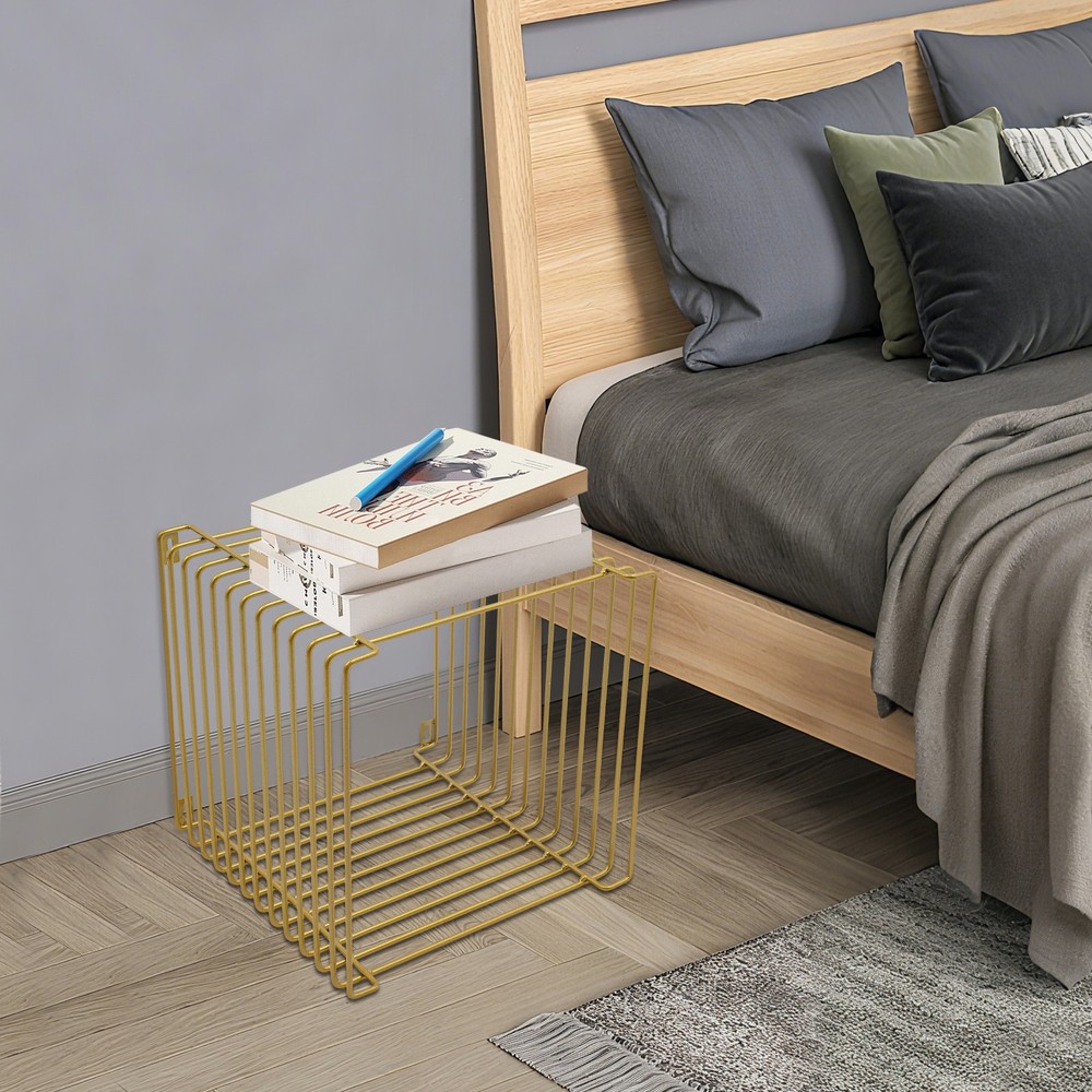 Vintage Golden Side Table, Square Geometry Side Table, Linear Metal End Table