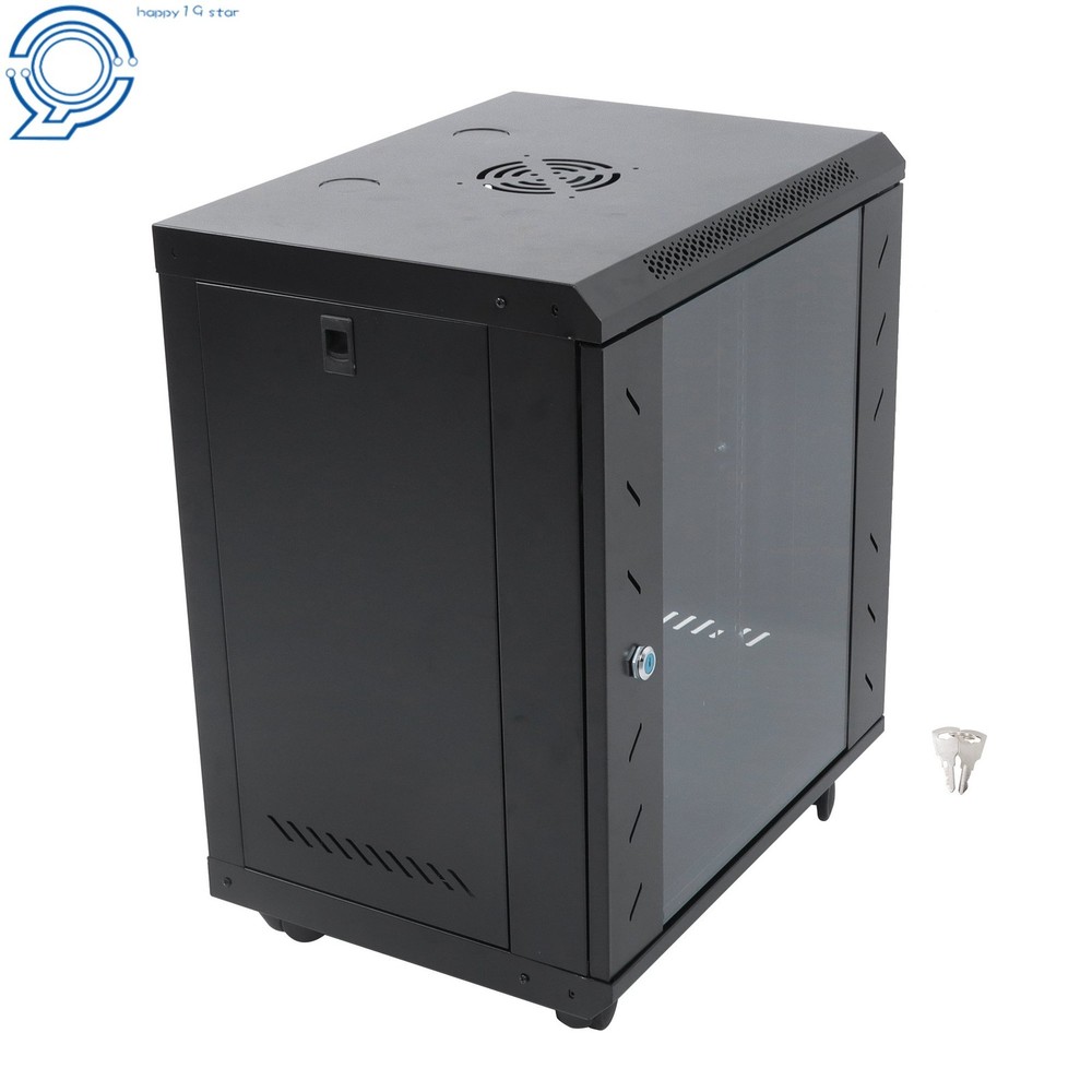 12U Enclosed Server Rack 15.5" Deep, Secure Lock Glass Front & Sides