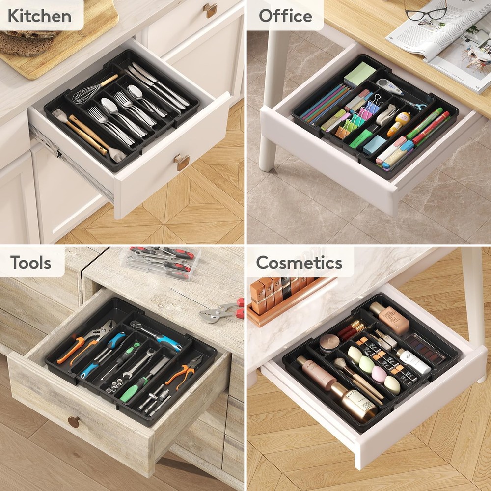 Silverware Drawer Organizer, Medium (8.5-14''W x 12''D), Black