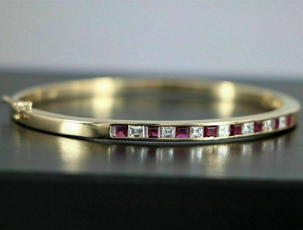 4CT Princess Simulated Ruby & Diamond Bangle Bracelet 14K Yellow Gold Plated