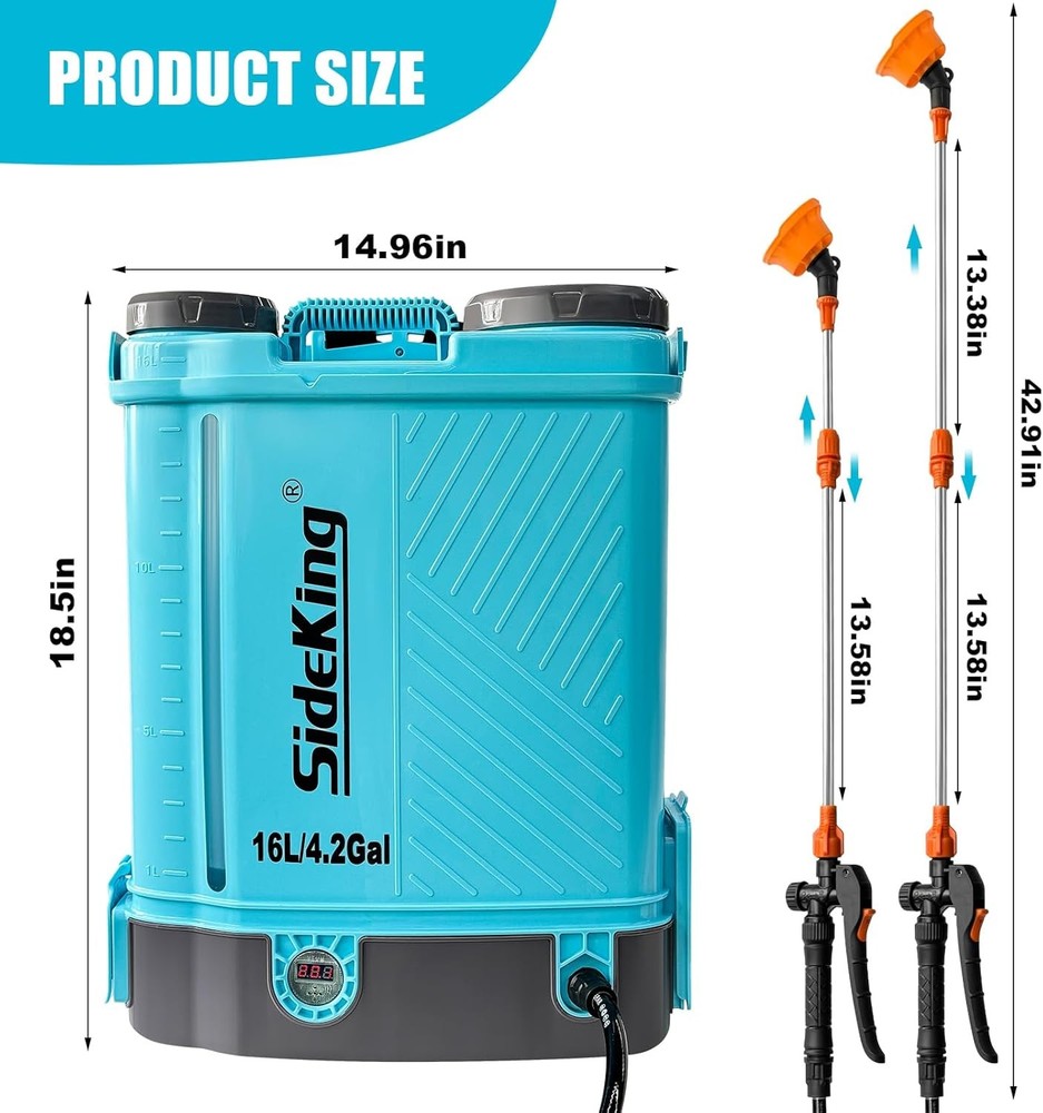 SideKing Battery Powered Backpack Sprayer 4 Gallon, 0-100 PSI Adjustable Pressur