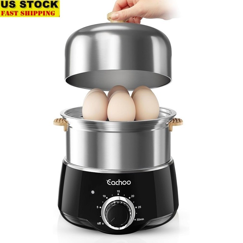 Dual Tier Egg Cooker 14 Egg Capacity Timer Automatic Shut Off Multi Use 350W