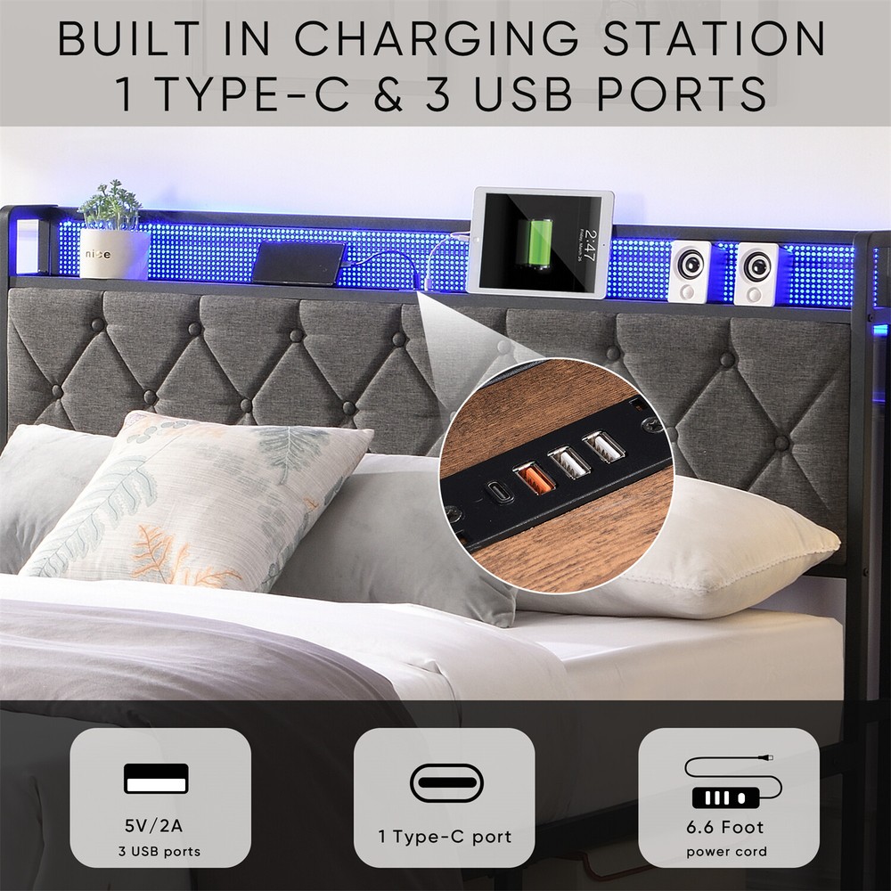 Full Size LED Bed Frame w/ Headboard & USB Port Upholstered Platform Bed Frame